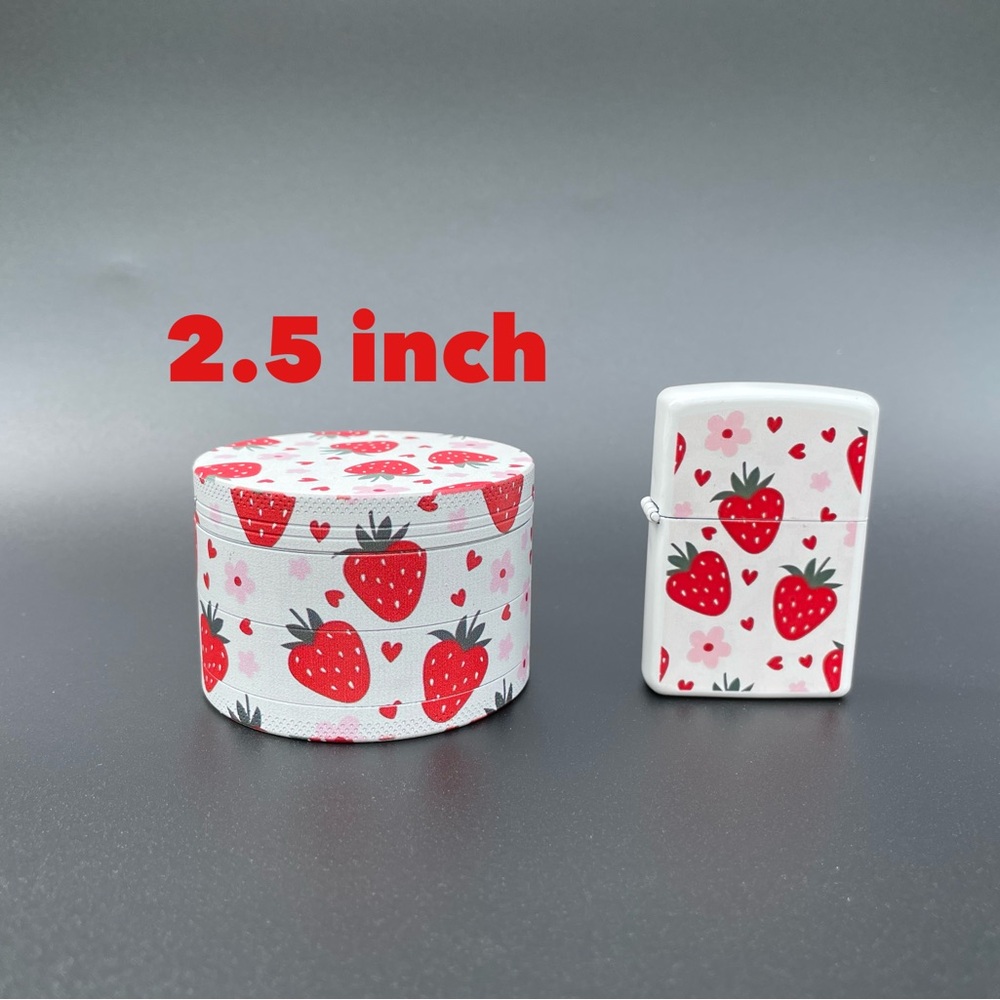 Strawberry heart pattern 2.5 inch aluminum grinder & light-er set
